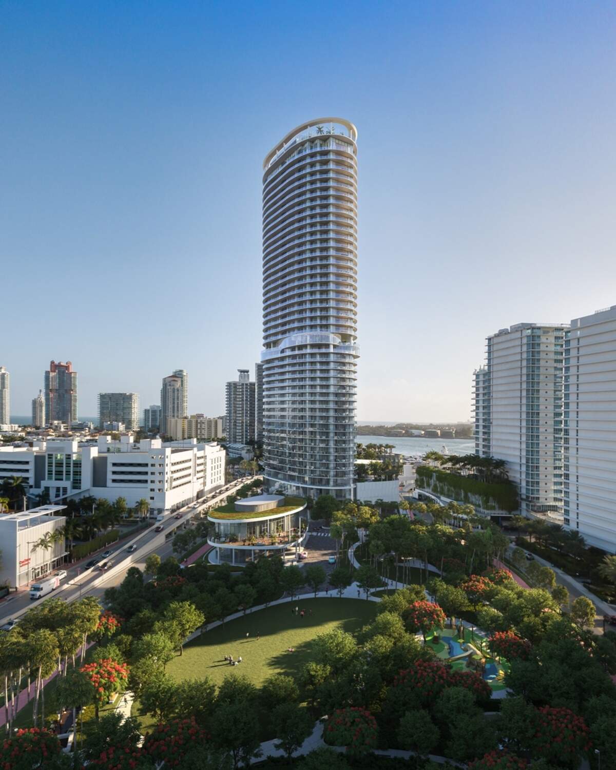 The Five Park condo tower and the accompanying eco-friendly Canopy Park, where to be topped off by the bridge at Fifth Street and Alton Road.